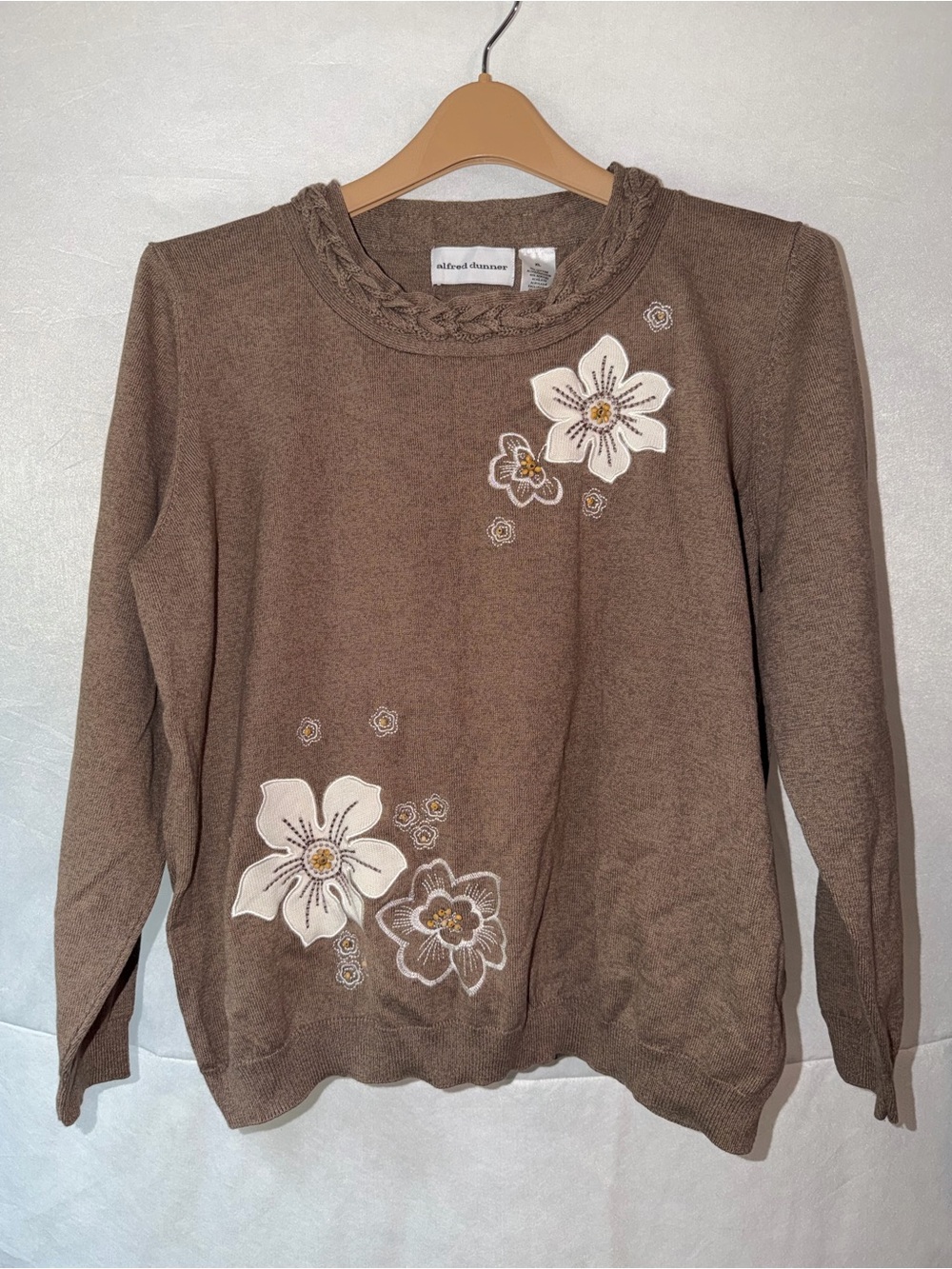 Alfred Dunner Brown Sweater with White Floral Appliqués